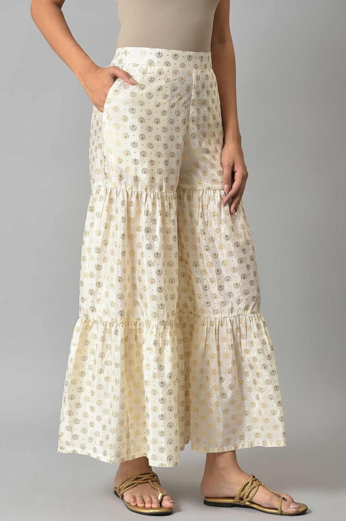 White Floral Printed Flared Silk Palazzo With Elasticated Waist — photo 4