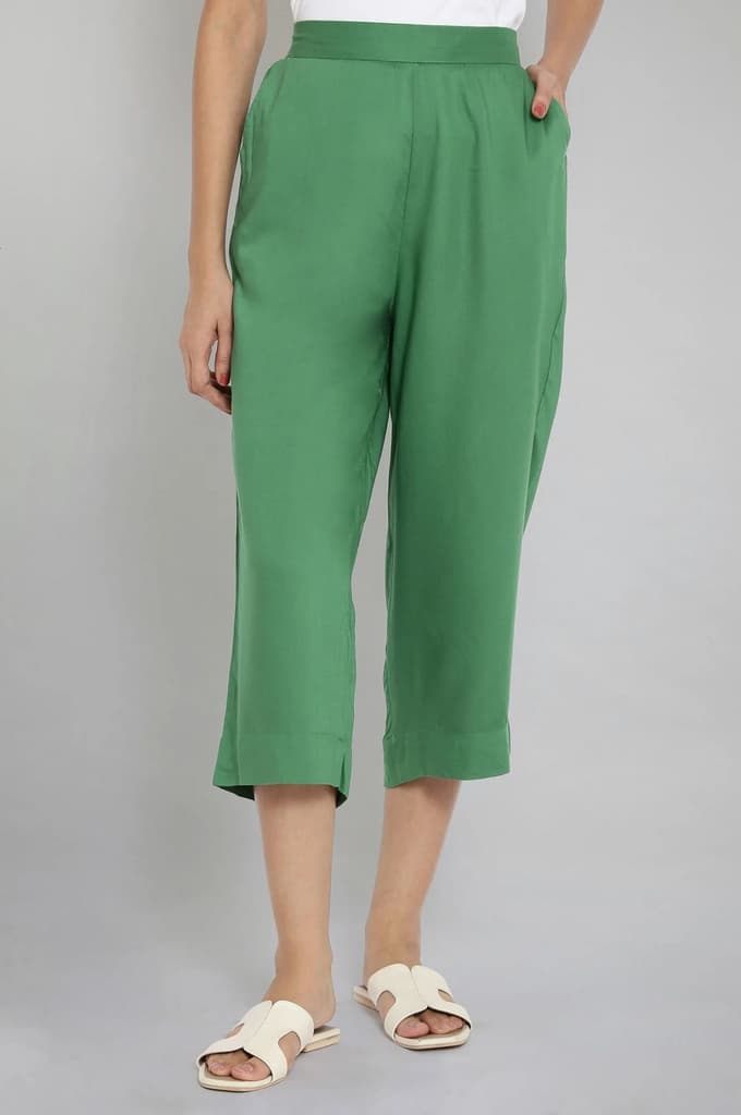 Muted Sage Green Solid Straight Fit Cotton Culottes With Elasticated Waist