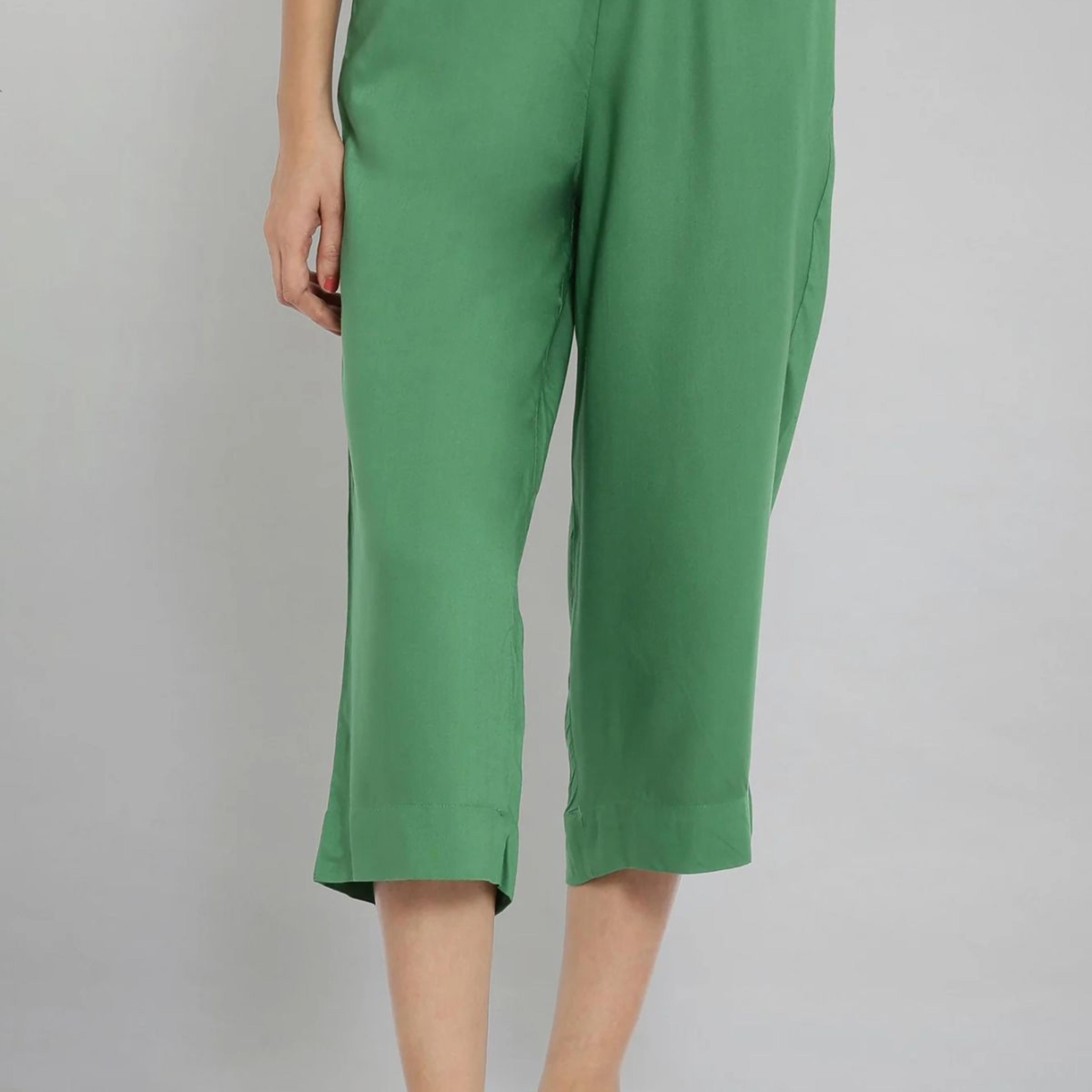Muted Sage Green Solid Straight Fit Cotton Culottes With Elasticated Waist