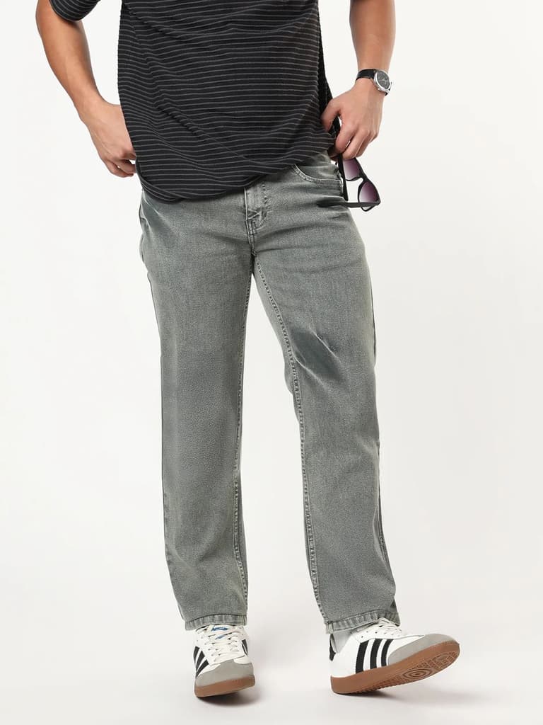 Men's Light Grey Regular Fit Acid Washed Denim Jeans Stretchable — 28 / Light Grey