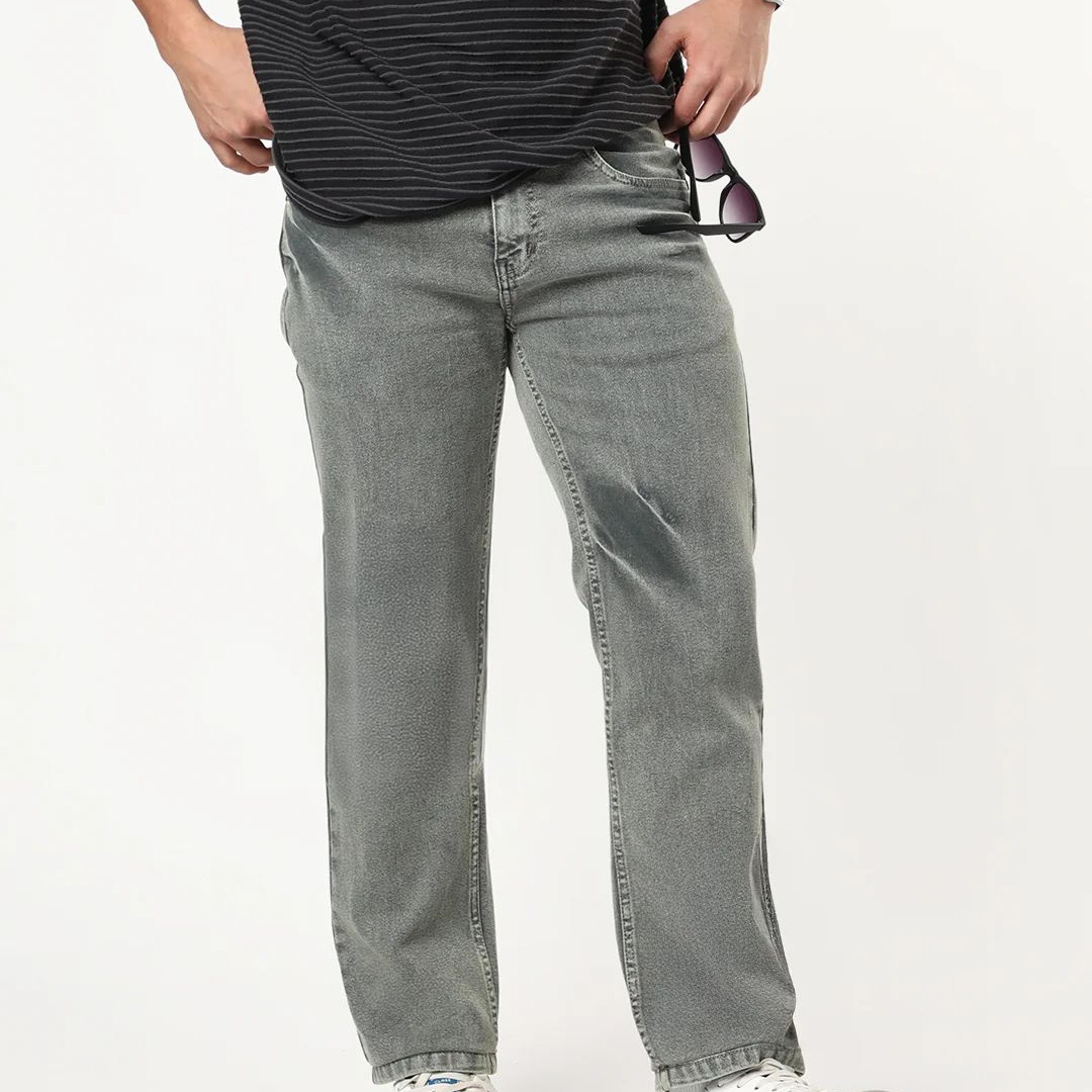 Men's Light Grey Regular Fit Acid Washed Denim Jeans Stretchable