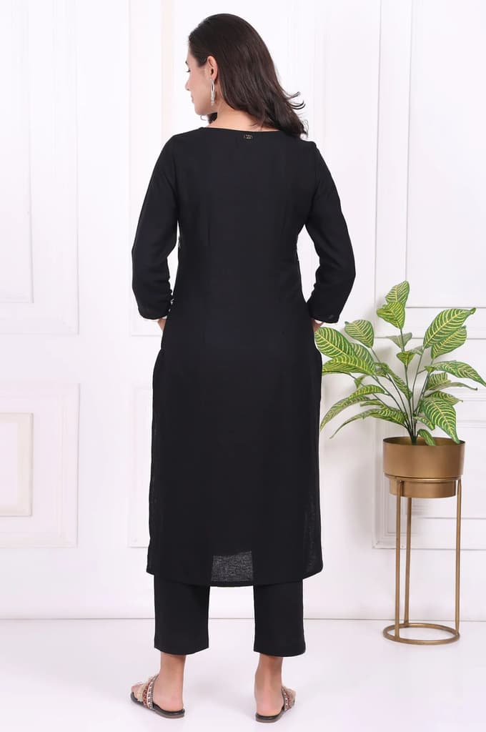 Black Floral Printed Embroidered Rayon Straight Kurta and Pants Set — photo 5