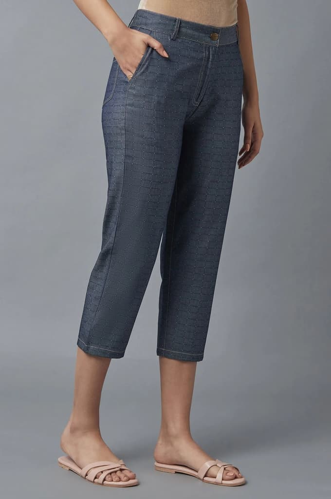 Blue Polka Dots Straight Fit Denim Culottes With Front Zip — photo 7
