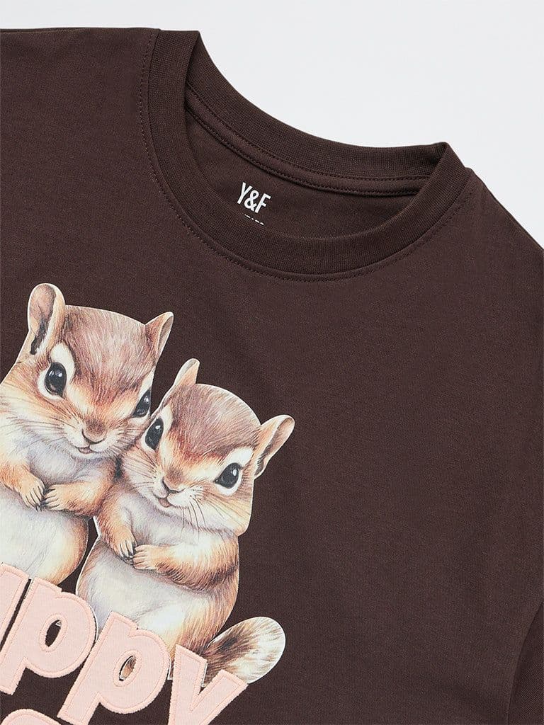 Y&F Kids Girls Dark Brown Printed Cotton T-Shirt — photo 6