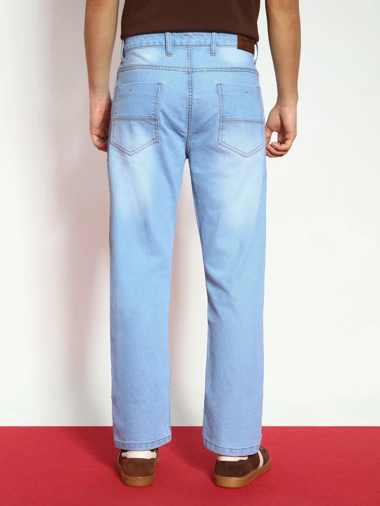 Men's Ice Blue Straight Fit Washed Jeans Stretchable — photo 3