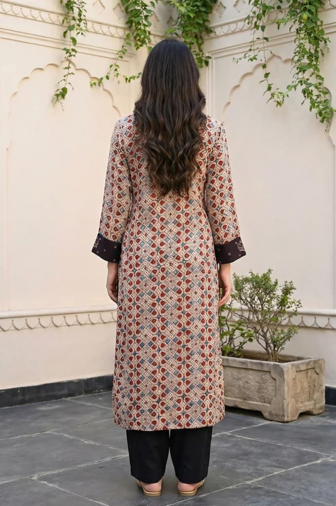 Beige Geometric Printed Sequins Satin Straight Kurta — photo 4