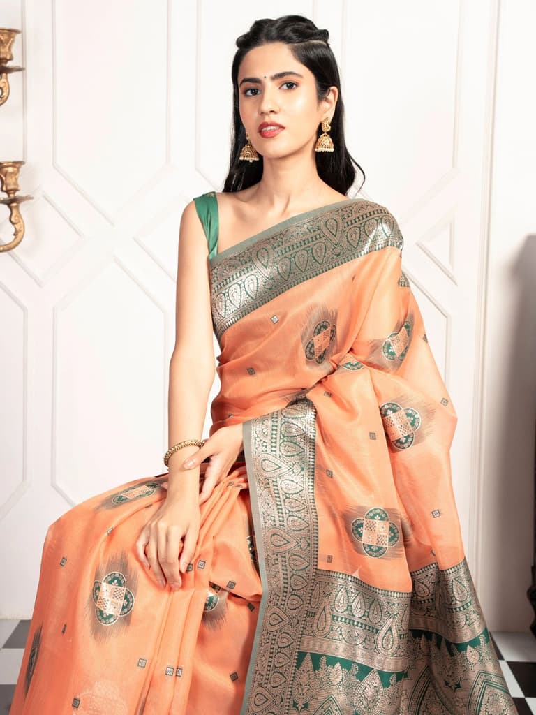 Mimosa Women's Woven Design Kanjivaram Style Art Silk Saree With Blouse Piece : SA00002066PCFREE — Peach