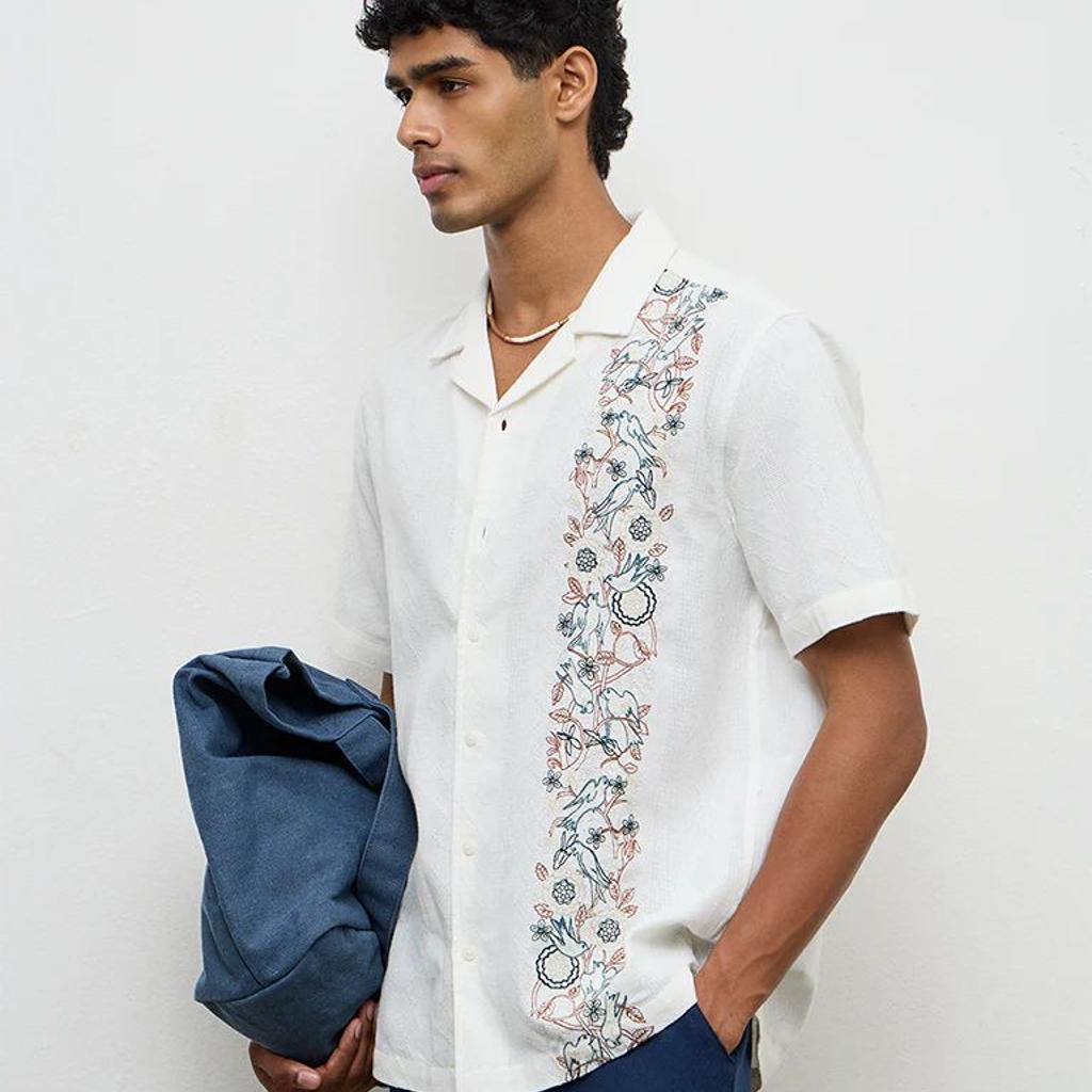 ETA White Floral-Embroidered Relaxed-Fit Cotton Shirt