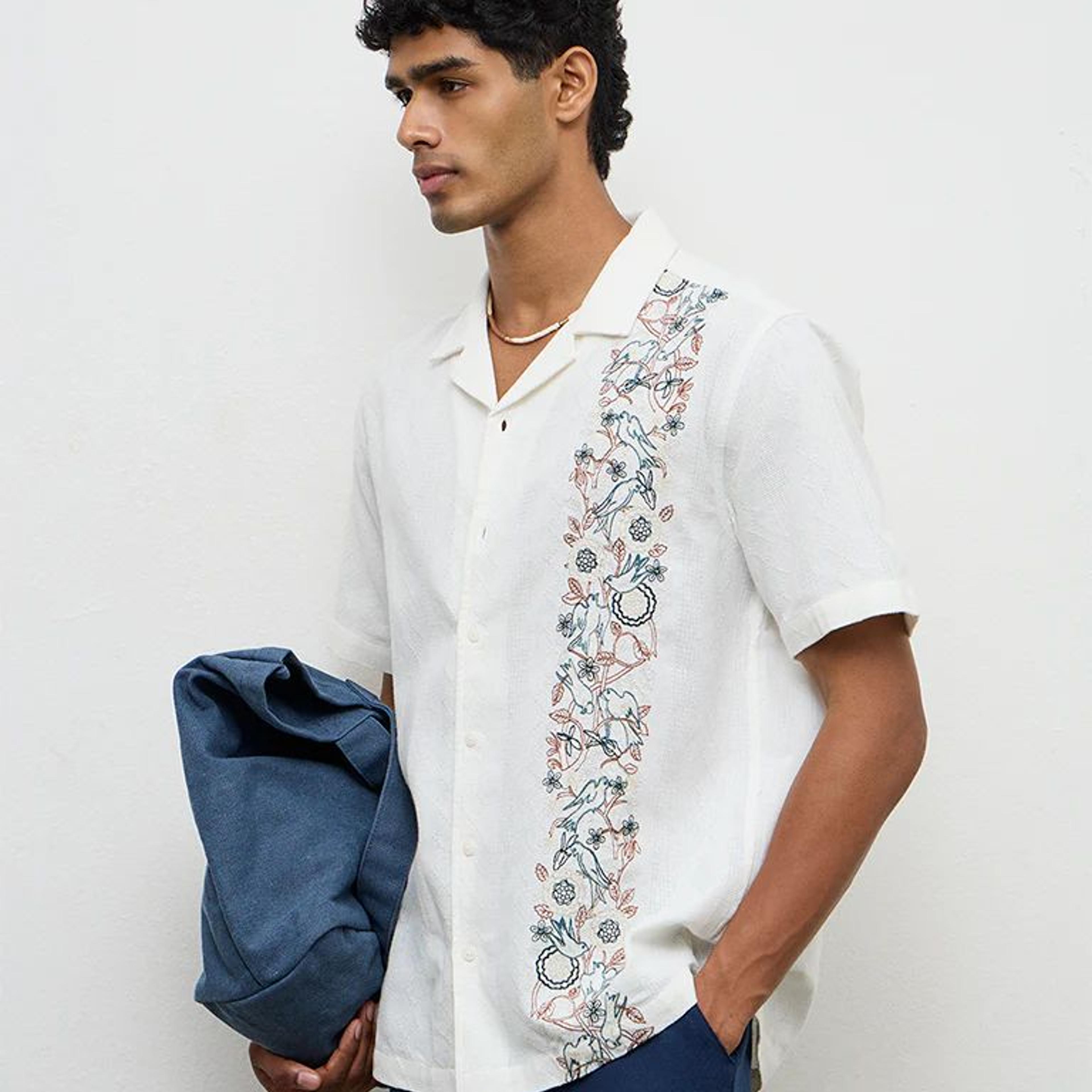 ETA White Floral-Embroidered Relaxed-Fit Cotton Shirt