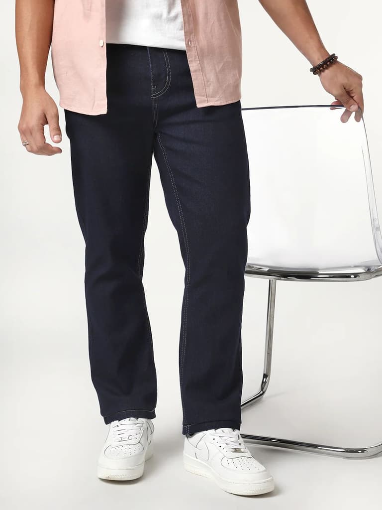 Men's Dark Blue Straight Fit Raw Washed Denim Jeans Stretchable — photo 2