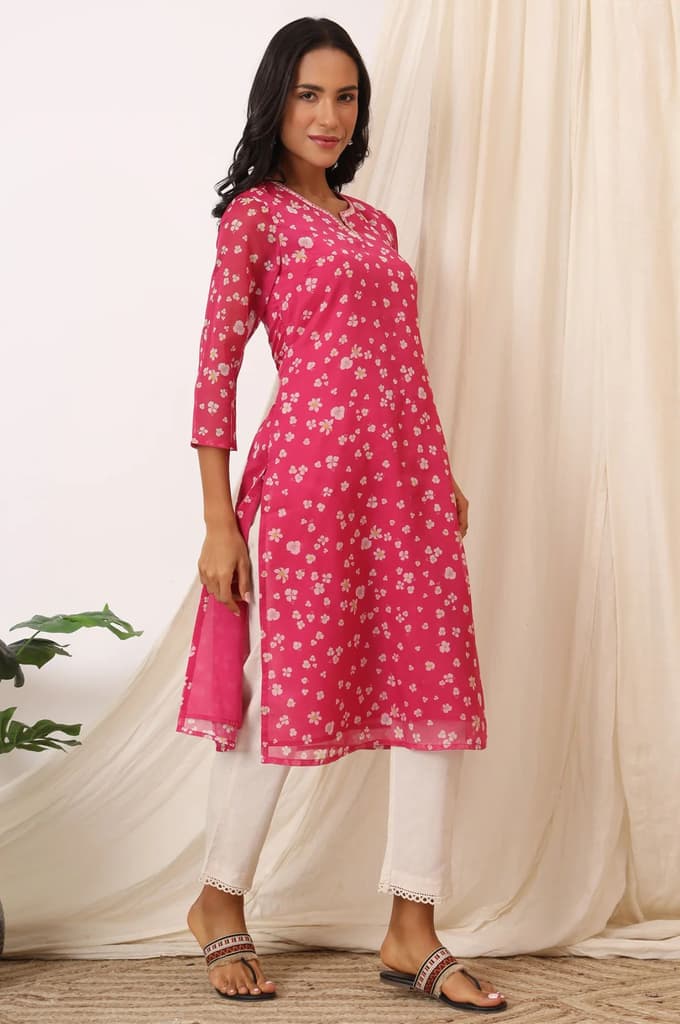 Pink Floral Printed Organza Straight Kurta — photo 6