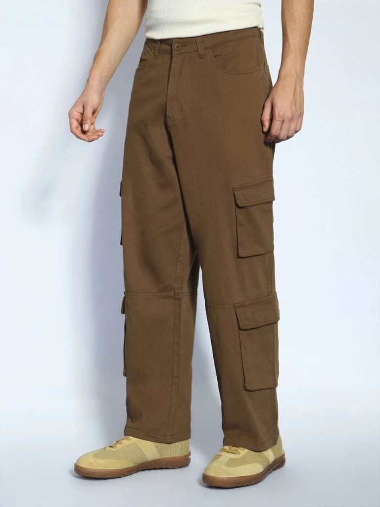 Men's Brown Loose Baggy Fit Cargo Chino Pant with 8 Pockets Stretchable — photo 3