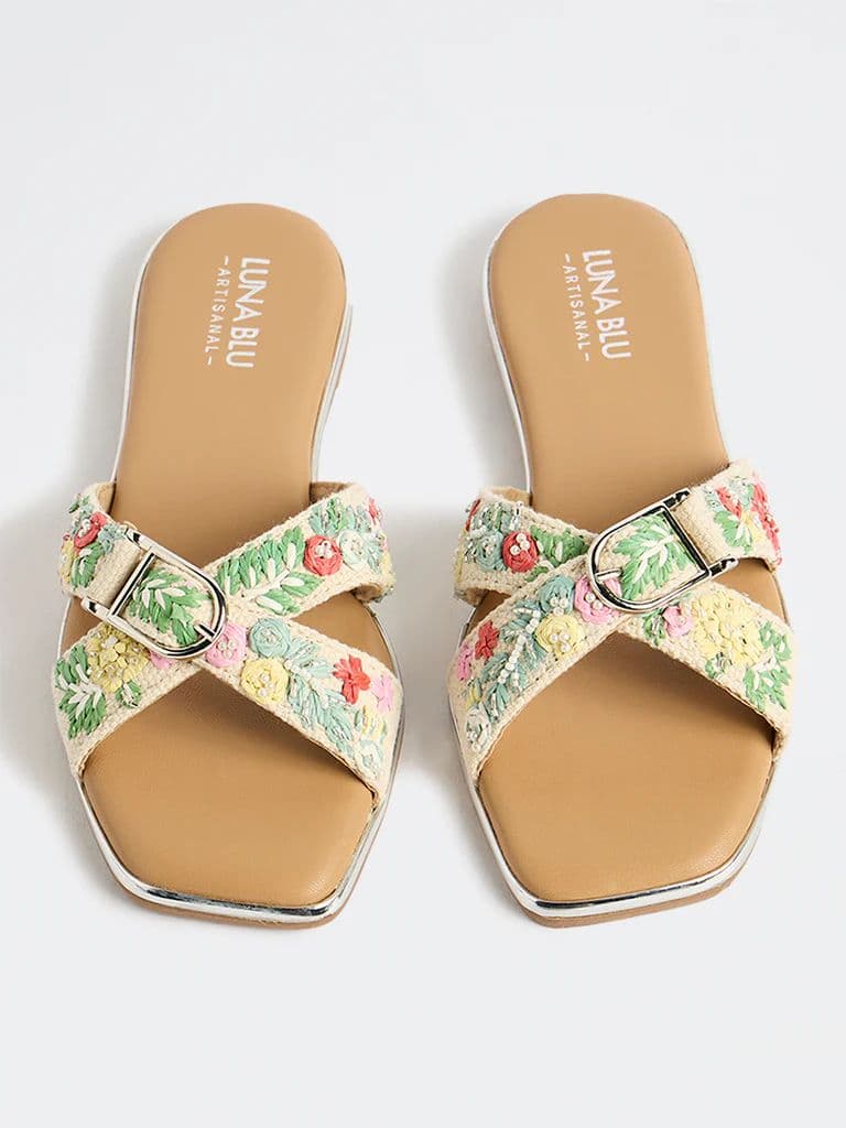 LUNA BLU Multicolor Floral-Embroidered Cross-Strap Slides — photo 2