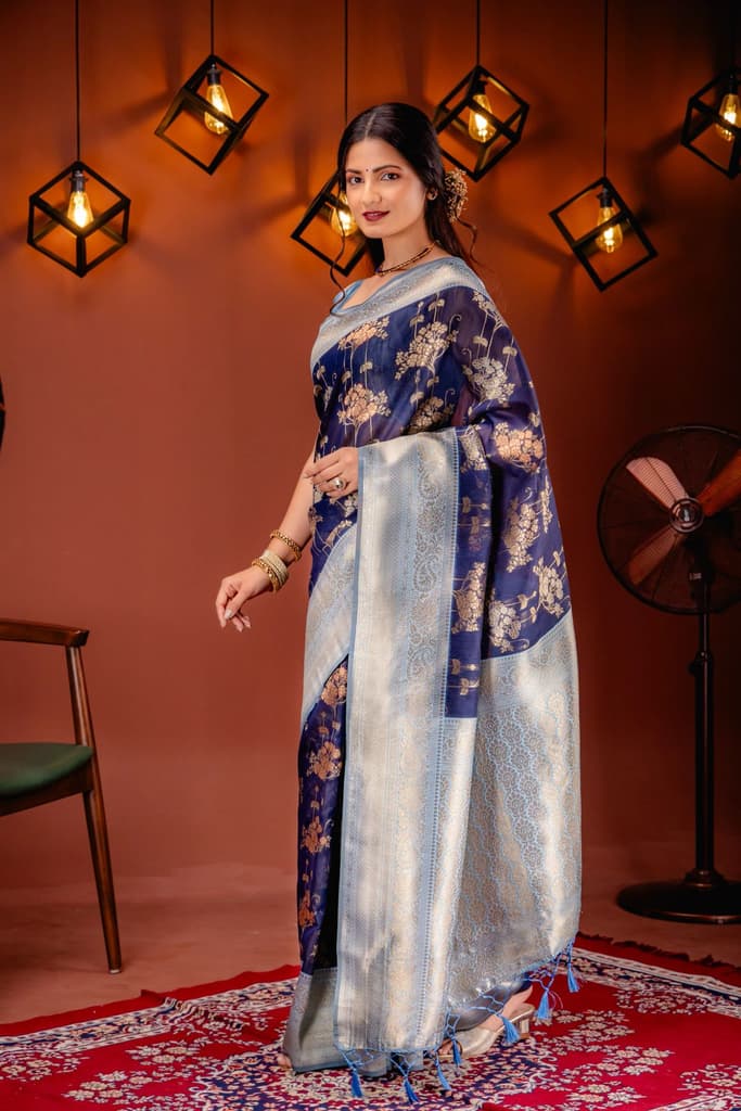 Mimosa Women's Woven Design Kanjivaram Style Art Silk Saree With Blouse Piece : SA00001736NVFREE — photo 4