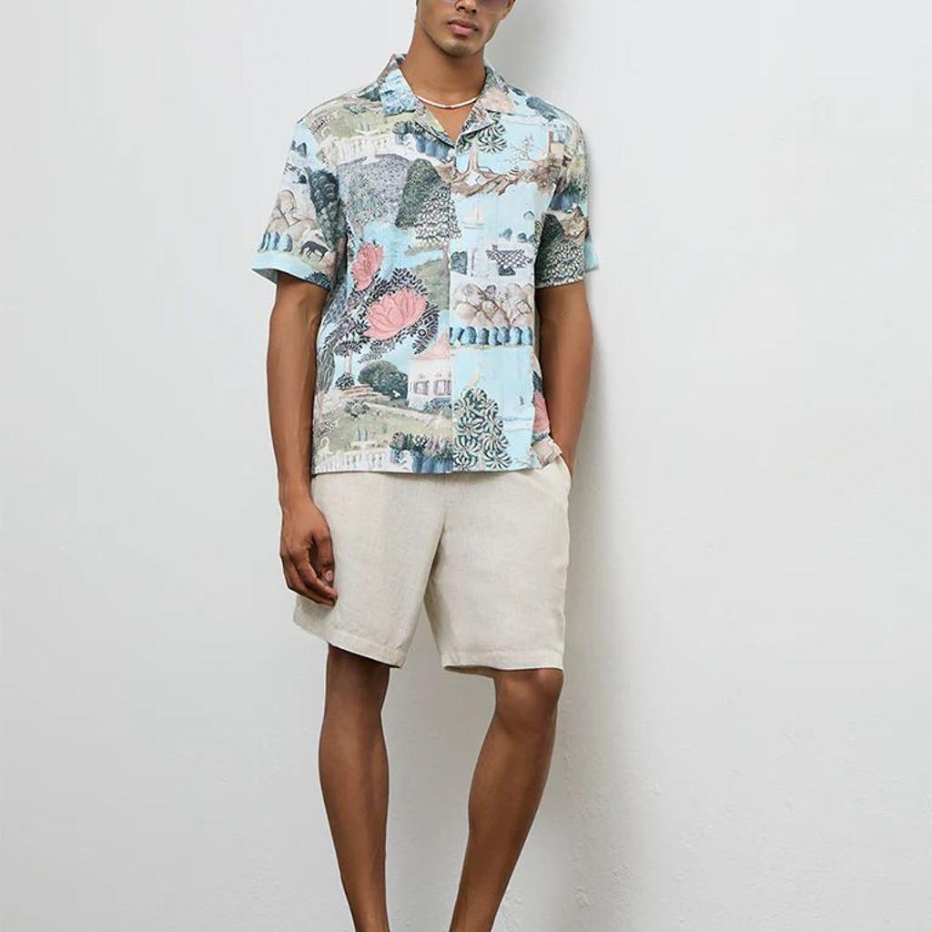 ETA Light Teal Scenic Printed Relaxed-Fit Cotton Shirt