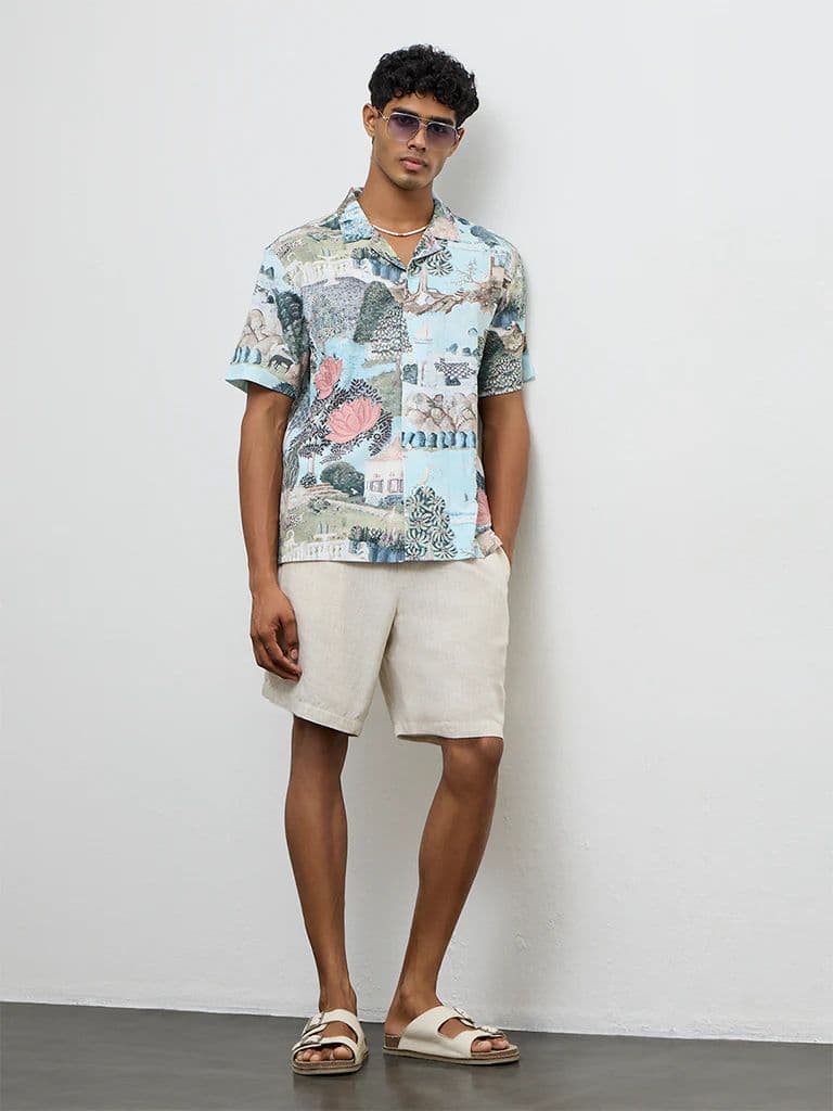ETA Light Teal Scenic Printed Relaxed-Fit Cotton Shirt
