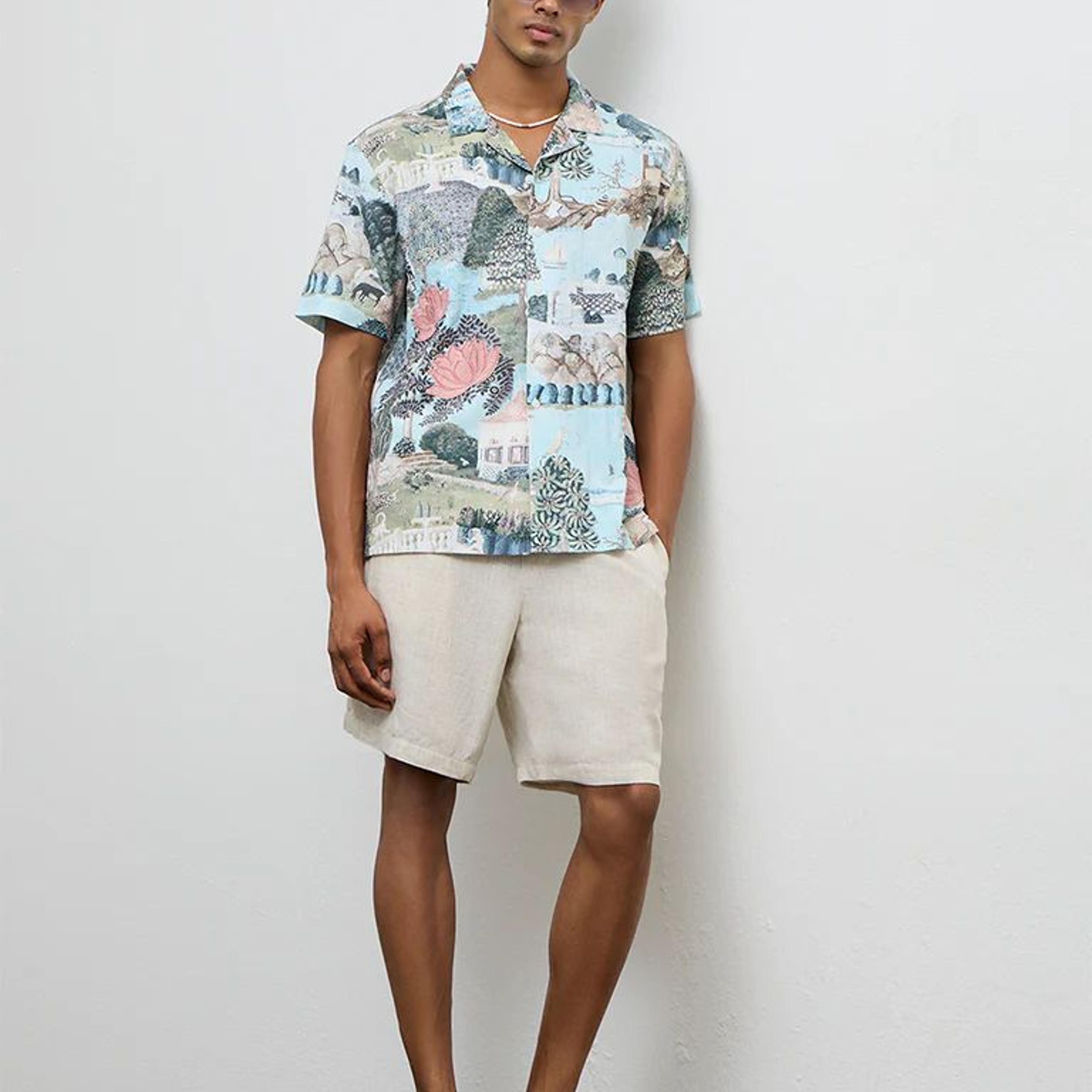 ETA Light Teal Scenic Printed Relaxed-Fit Cotton Shirt