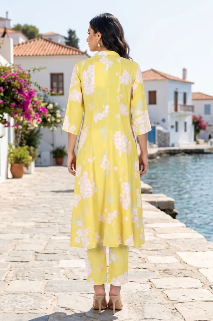 Yellow Floral Printed Cotton Flax Flared Kurta — photo 5