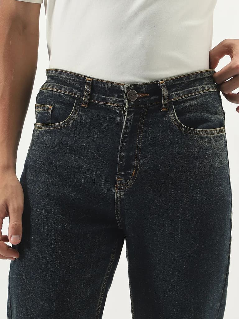 Men's Dark Blue Straight Fit Heavy Washed Jeans Stretchable — photo 5