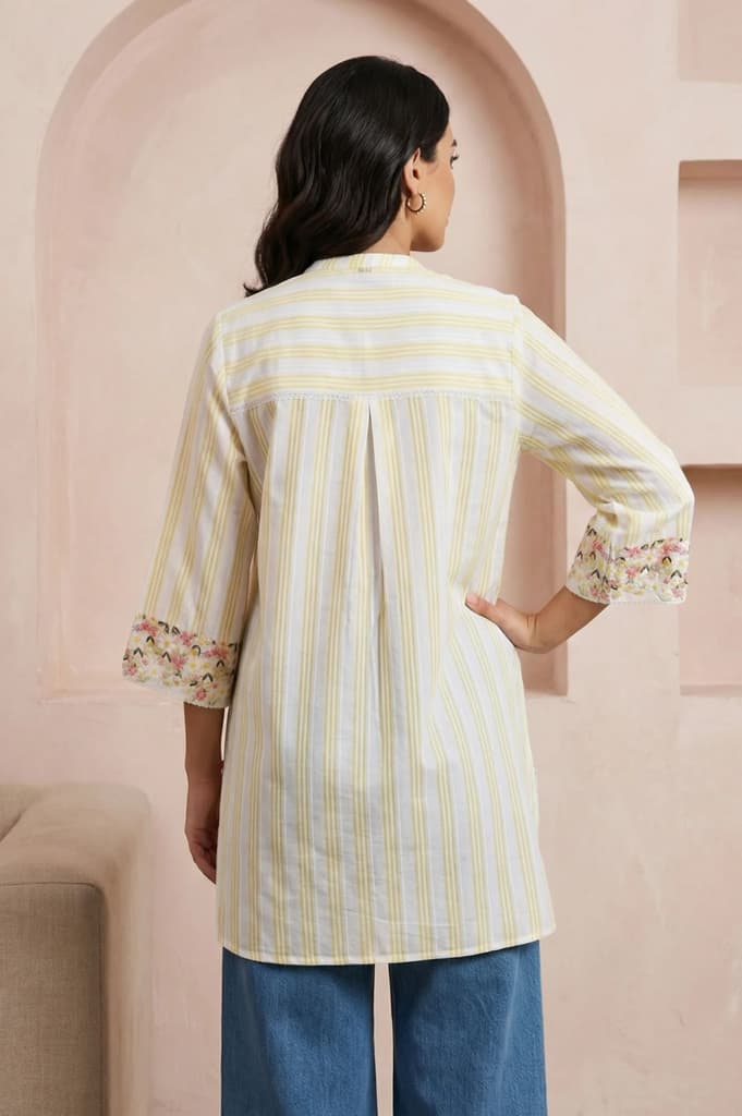 Off White and Yellow Striped Pure Cotton Straight Tunic — photo 5