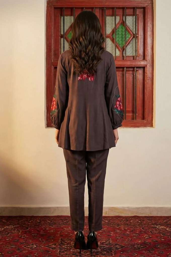 Brown Thread Embroidered Straight Winter Kurta with Pants Co-ord Set — photo 4