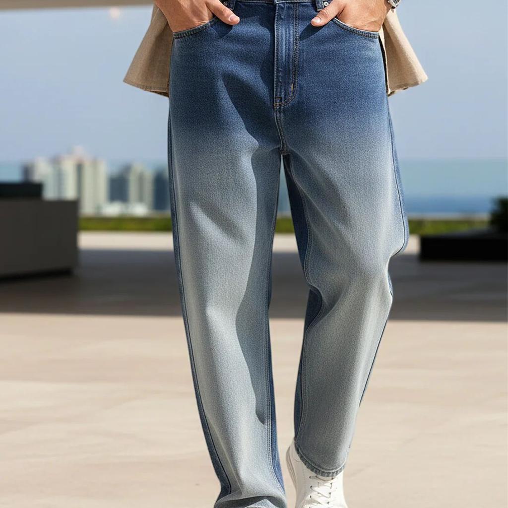 Men's Blue Loose Baggy Fit Heavy Washed Faded Denim Jeans Non-Stretchable