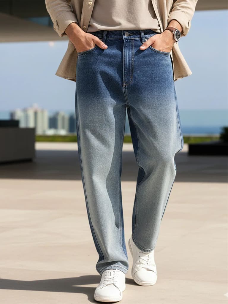 Men's Blue Loose Baggy Fit Heavy Washed Faded Denim Jeans Non-Stretchable
