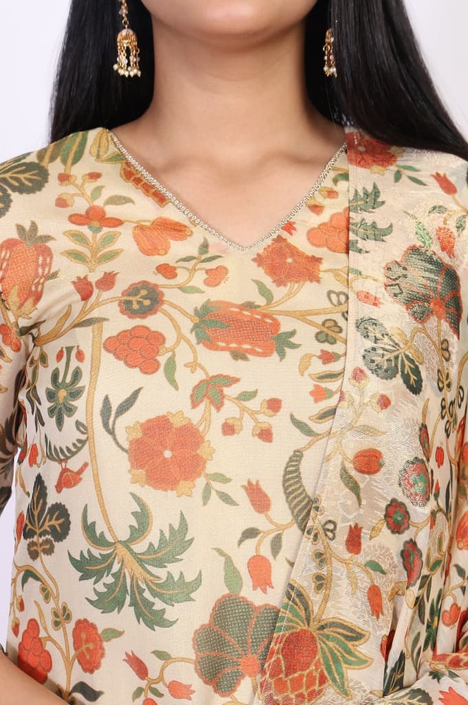 Off-White Floral Printed Straight Tissue Kurta with Straight Pant and Dupatta Set — photo 2