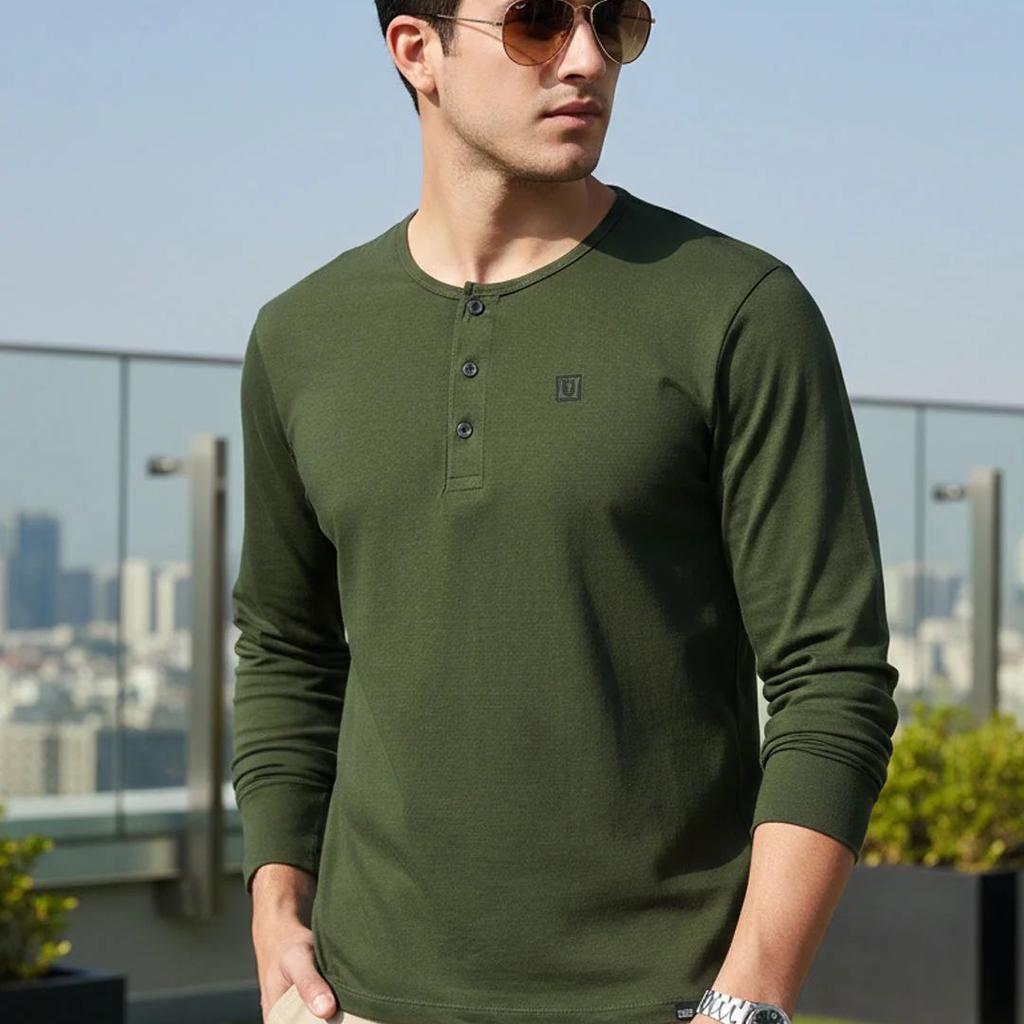 Men's Olive Green Solid Henley Neck Slim Fit Cotton T-Shirt
