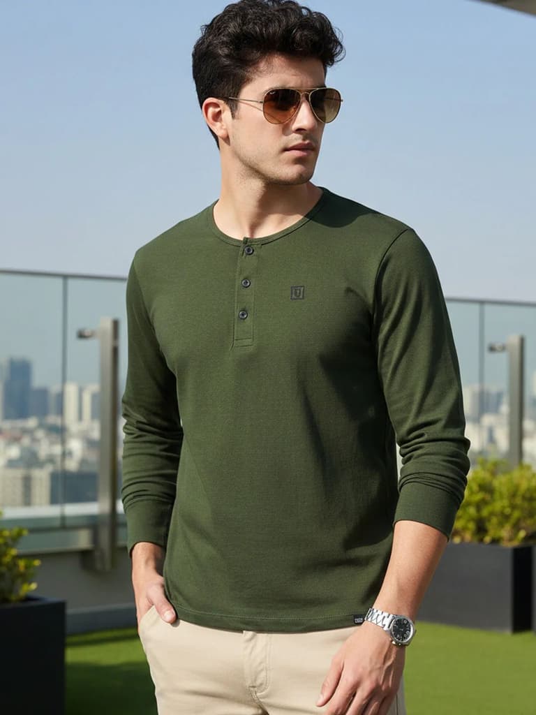 Men's Olive Green Solid Henley Neck Slim Fit Cotton T-Shirt — S / Olive Green