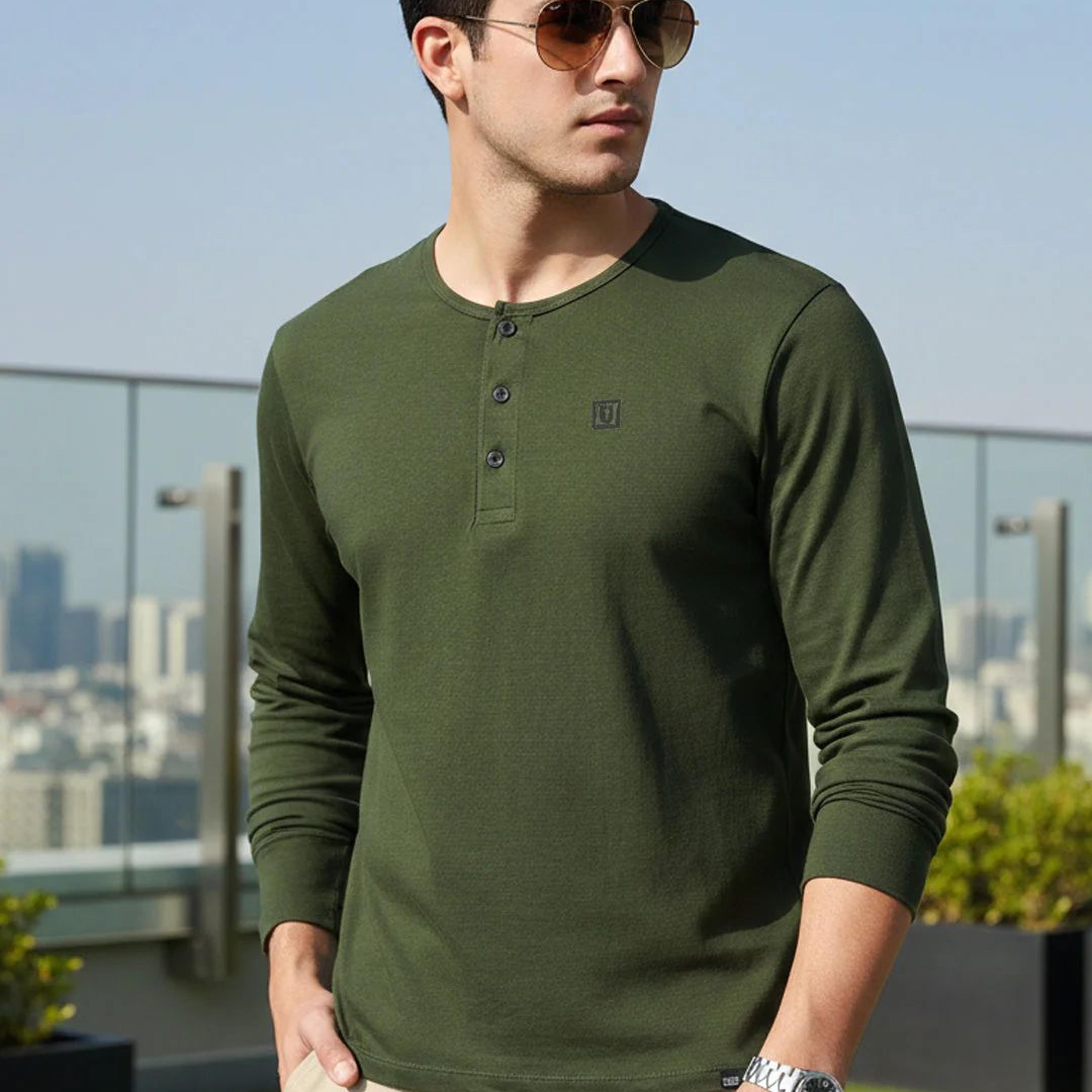 Men's Olive Green Solid Henley Neck Slim Fit Cotton T-Shirt
