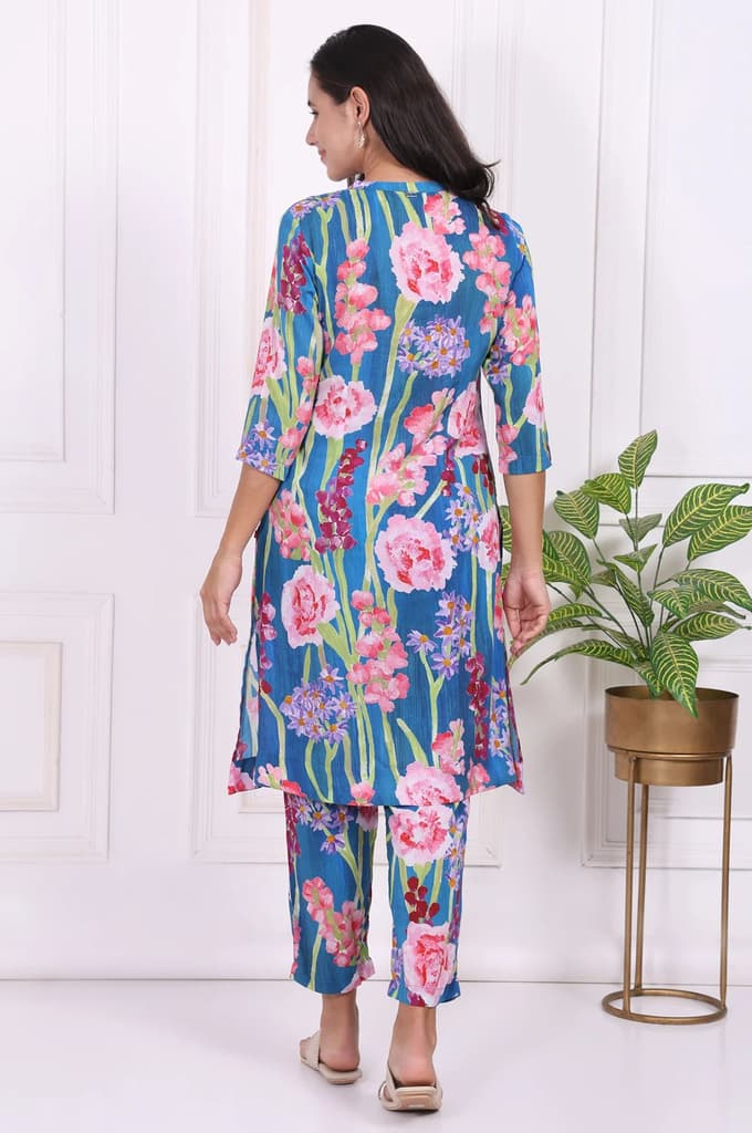 Blue Floral Printed Modal Straight Kurta — photo 5