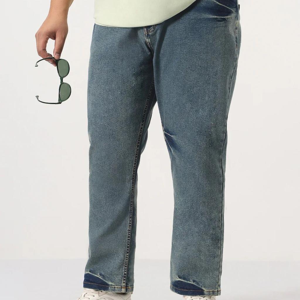 Plus Men's Light Blue Straight Fit Heavy Washed Jeans Stretchable