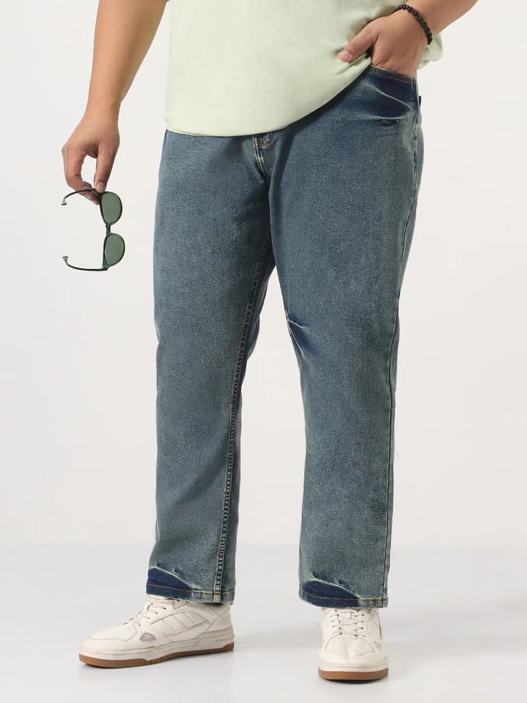 Plus Men's Light Blue Straight Fit Heavy Washed Jeans Stretchable — 36 / Light Blue