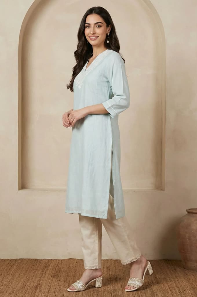 Blue Yarn Dyed Chikankari Embroidered Straight Kurta — photo 4