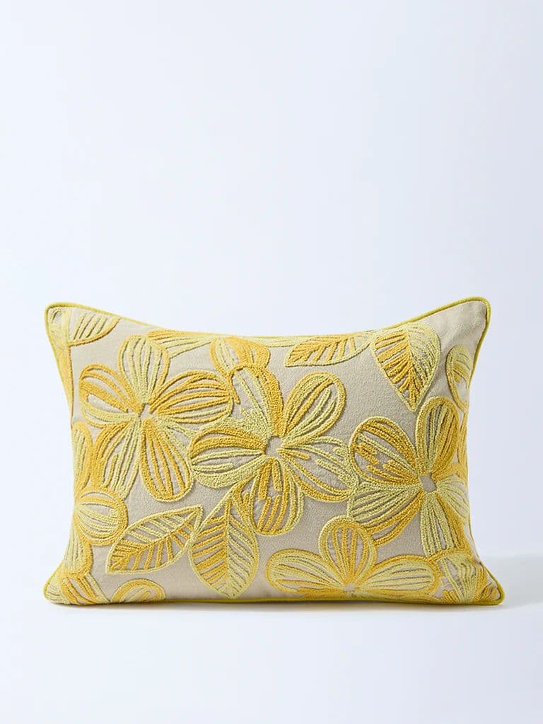 Westside Home Yellow Floral Embroidered Cushion Cover