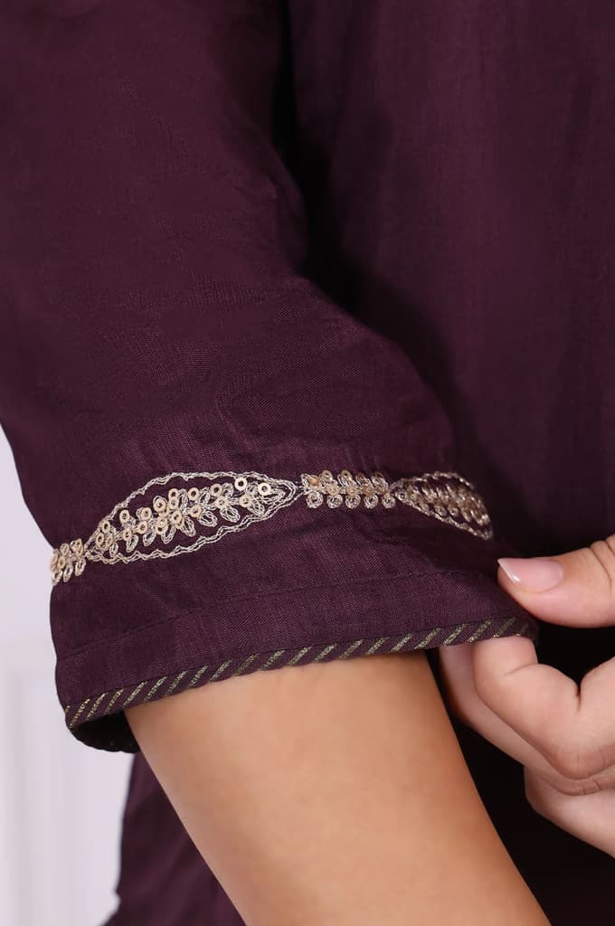Maroon Embroidered Silk Straight Kurta, Pants and Dupatta Set — photo 7