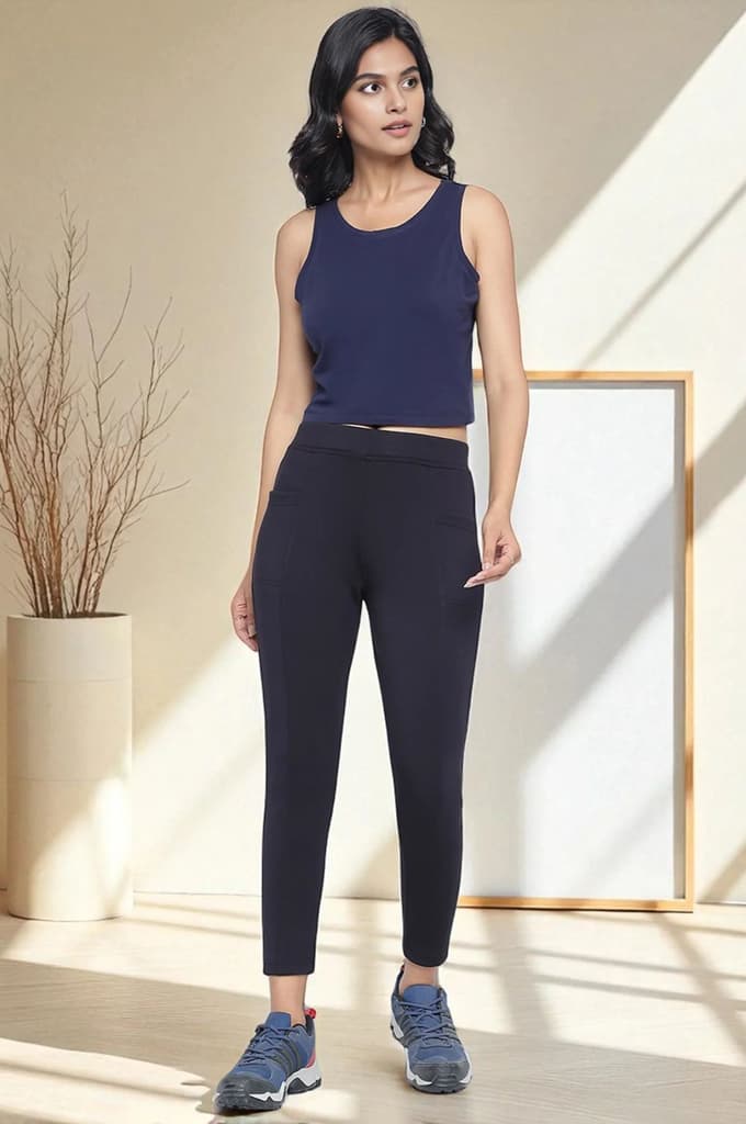 Black Solid Mid Rise Tights in Calf Length — photo 6