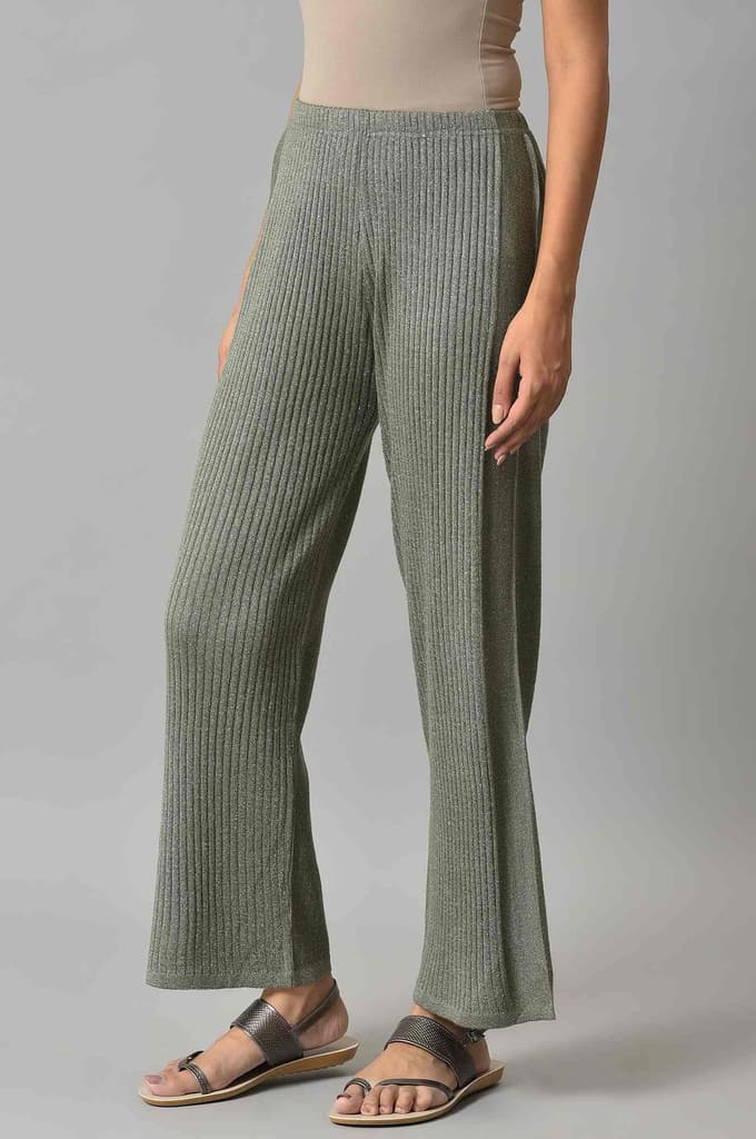 Muted Sage Green Solid Boot Cut Acrylic Palazzo With Elasticated Waist — photo 3