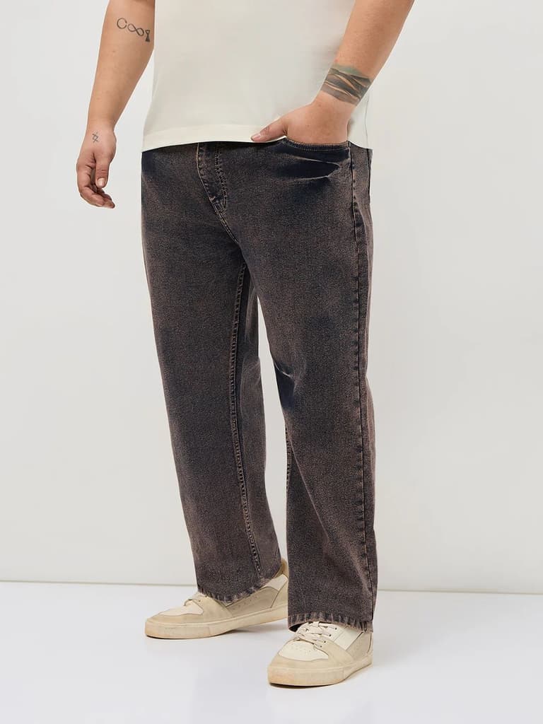 Plus Men's Light Brown Regular Fit Acid Washed Denim Jeans Stretchable — photo 2