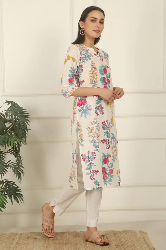 White Floral Printed Textured Cotton Straight Summer Kurta — photo 7