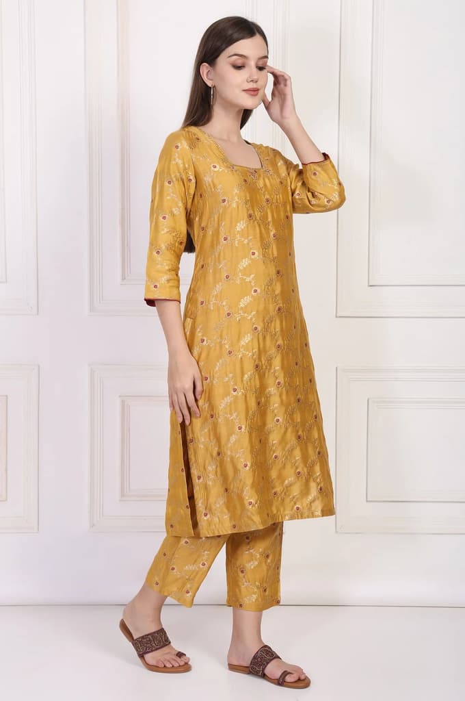 Mustard Jacquard Straight Kurta with Straight Pant and Dupatta Set — photo 6