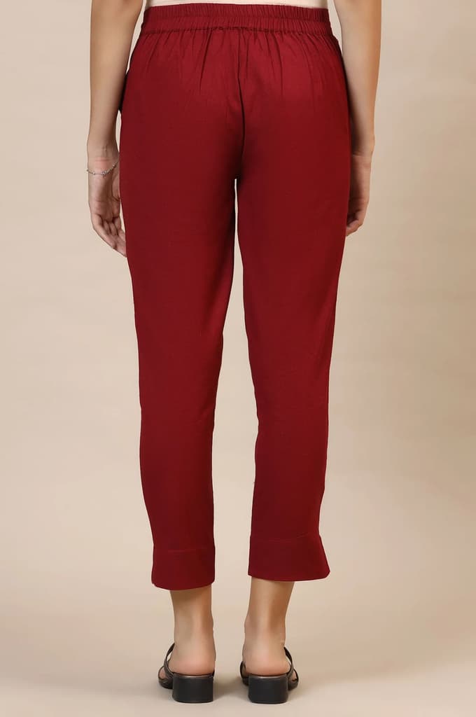 Maroon Solid Straight Fit Cotton Trousers With Elasticated Waist — photo 4