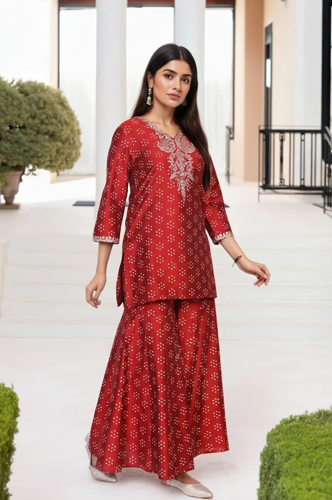 Red Embroidered Straight Art Silk Kurta with Sharara and Dupatta Set — photo 4