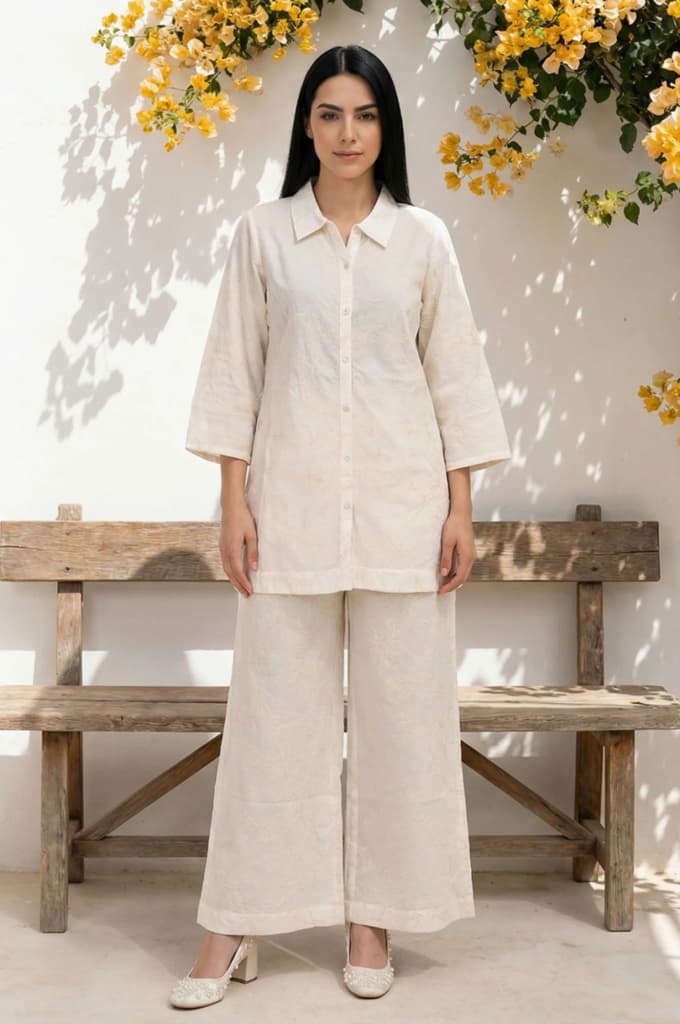 Off White Thread Embroidered Pure Cotton Straight Shirt and Parallel Pants Co-ord Set — XS