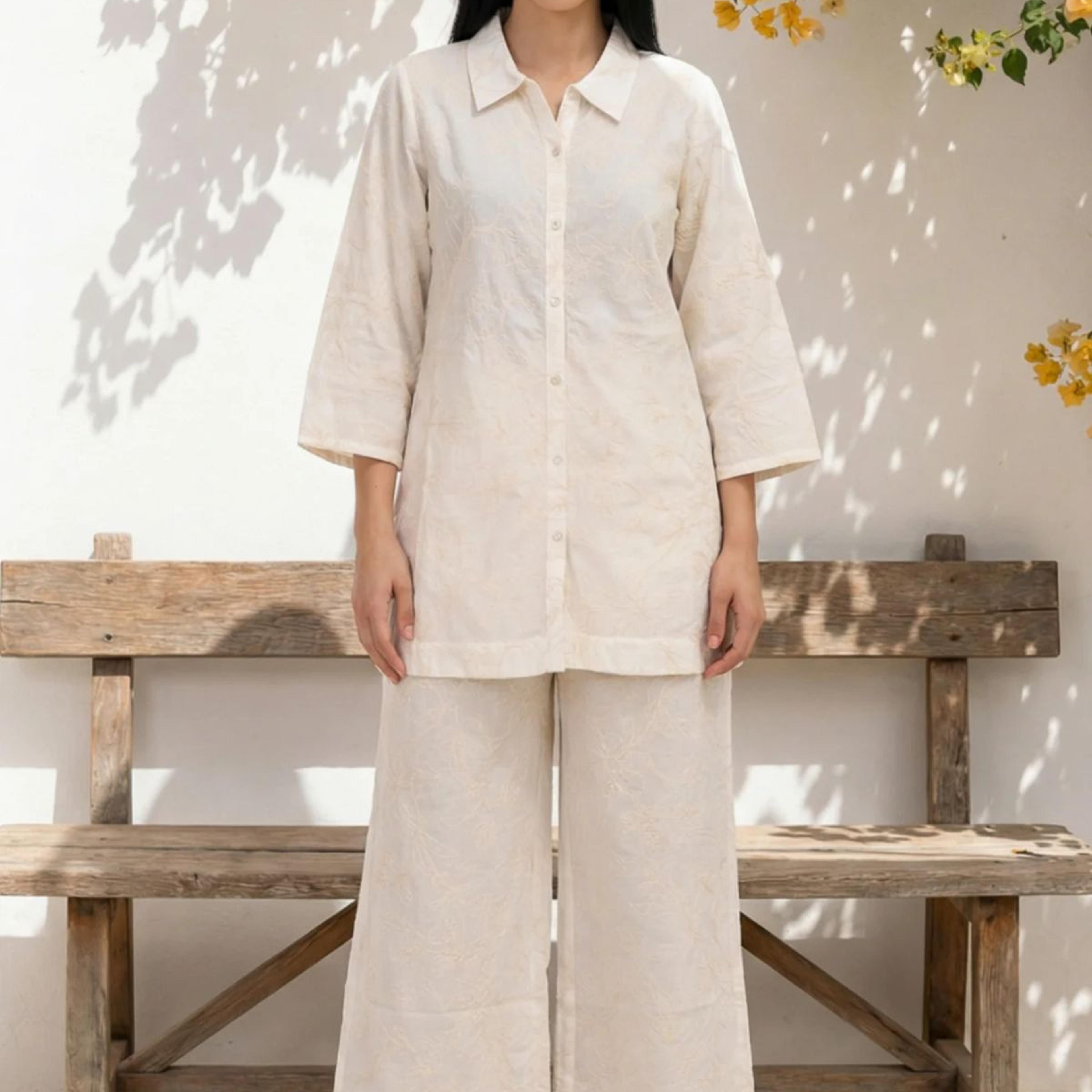 Off White Thread Embroidered Pure Cotton Straight Shirt and Parallel Pants Co-ord Set