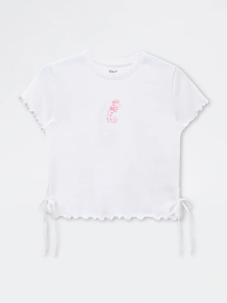 Y&F Kids Girls White Embroidered Cotton-Blend T-Shirt