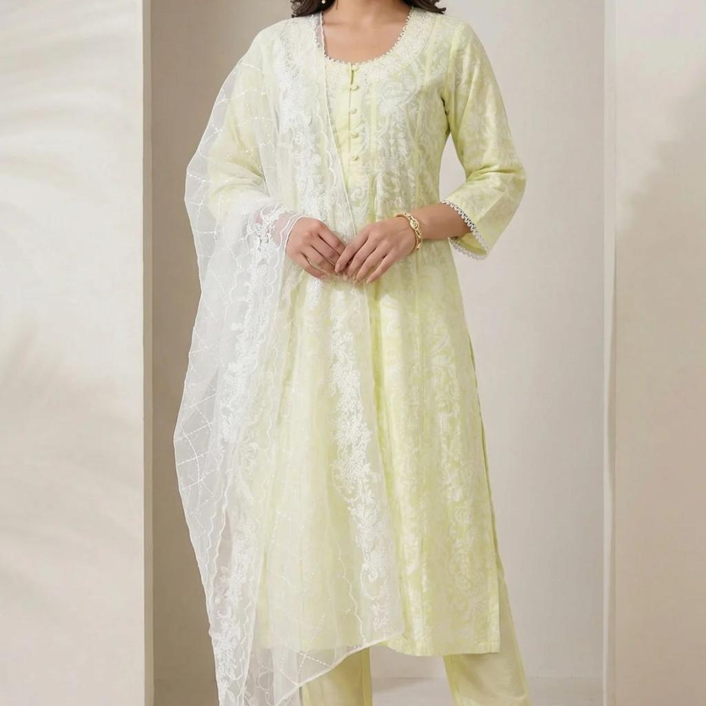 Yellow Floral Printed Lace Pure Cotton Straight Kurta with Straight Pants and Dupatta Set