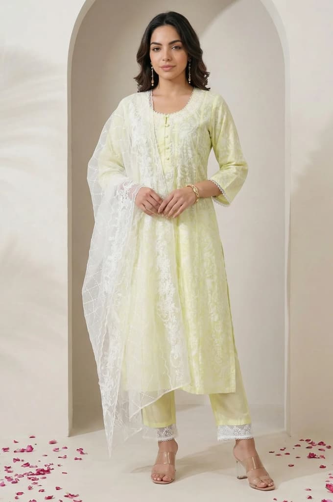 Yellow Floral Printed Lace Pure Cotton Straight Kurta with Straight Pants and Dupatta Set — XS
