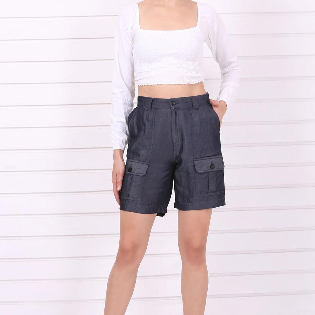 Blue Solid Mid Thigh Linen Shorts with YKK Zipper